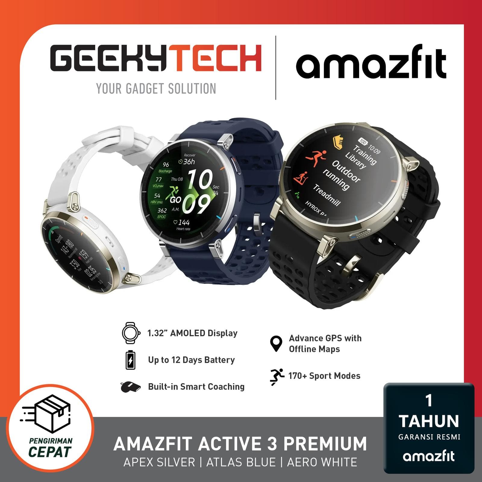 Amazfit Active 3 Premium Smart Watch 45mm Amoled Display GPS - Garansi RESMI 1 Tahun