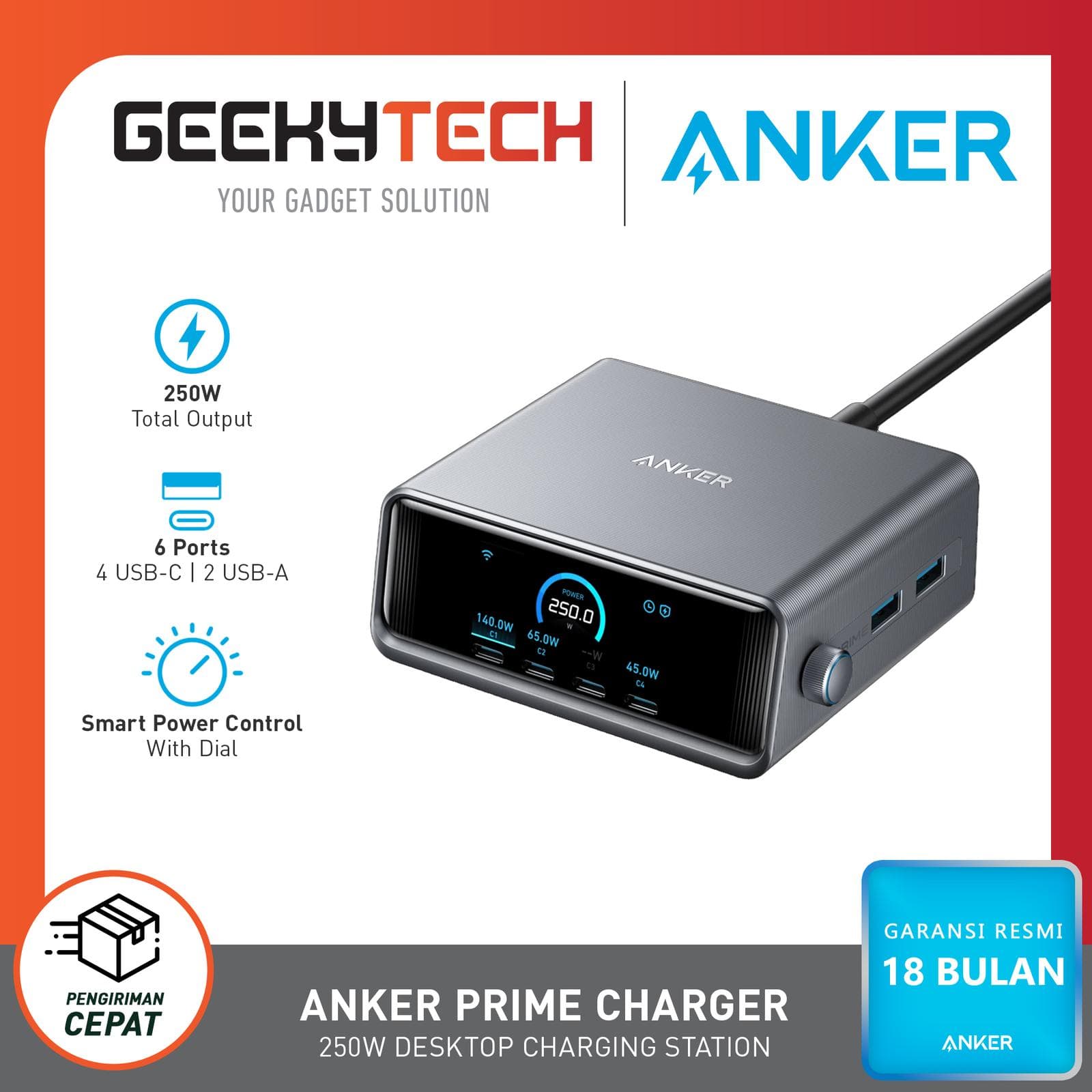 Anker Prime Charger GaN 250W 6 Port USB A/C 140W GaNPrime Desktop Charger- A2345 - Garansi RESMI