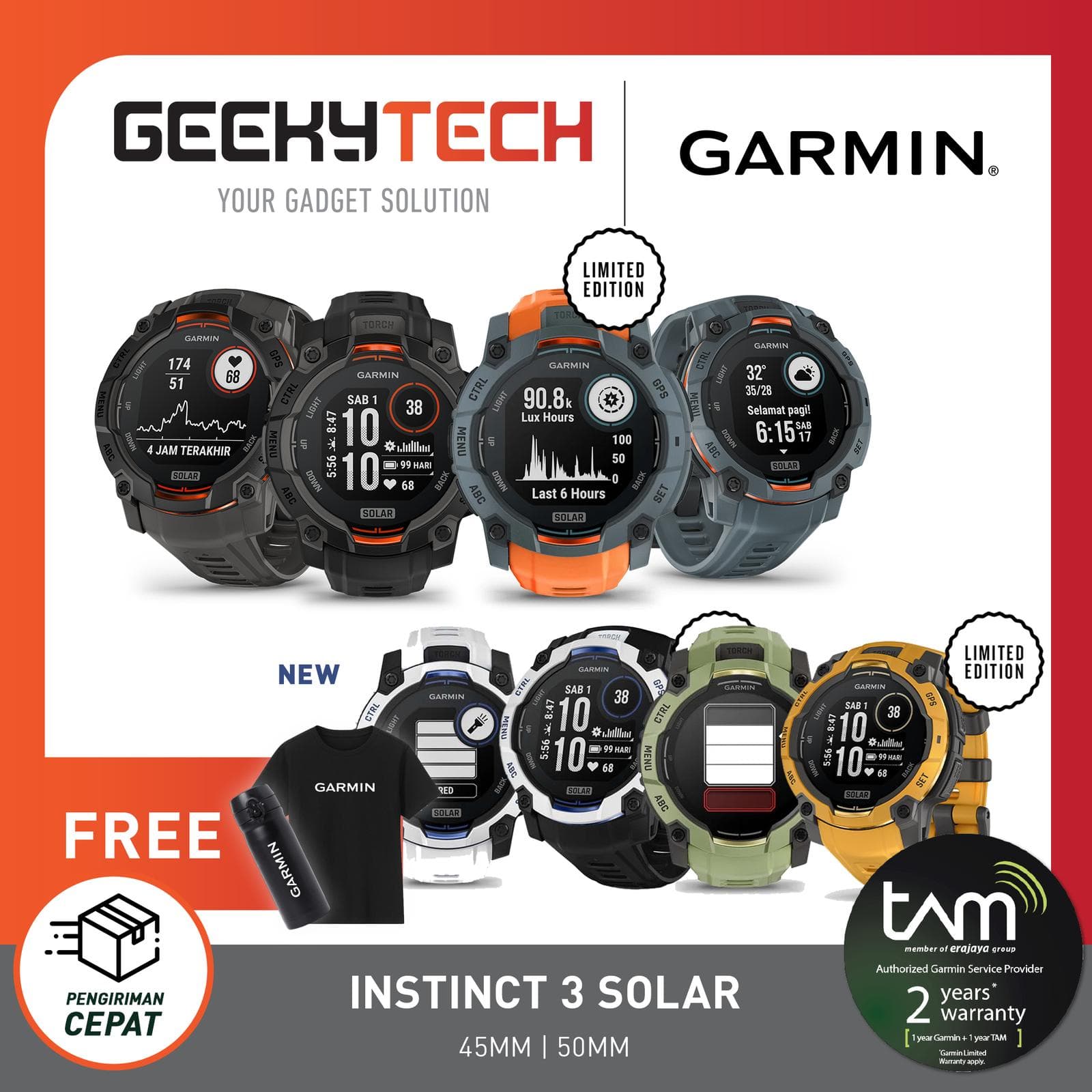 Garmin Instinct 3 SOLAR GPS Smartwatch - Garansi RESMI TAM